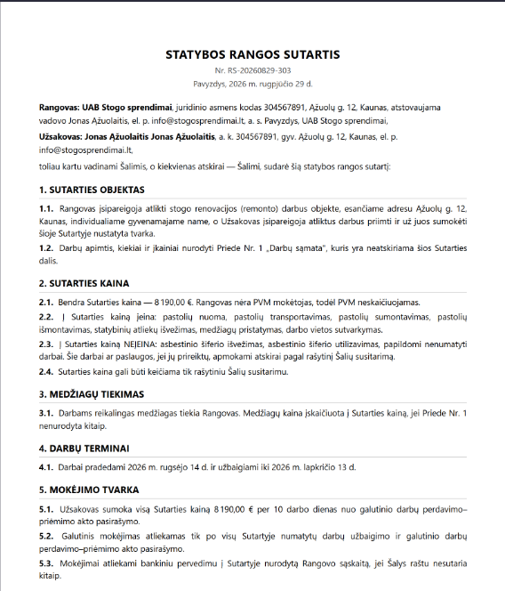 Statybos rangos sutarties dokumentas, paruoštas spausdinti